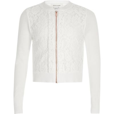 Girls cream lace front zip up cardigan
